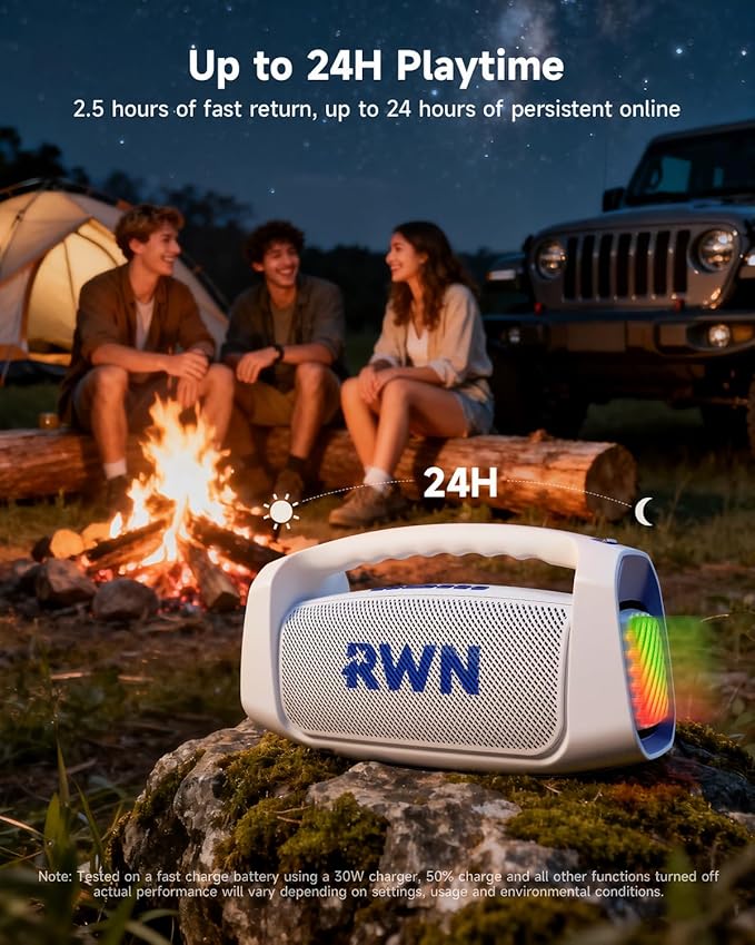 RWN Outdoor Bluetooth Speaker: 160W Loud Sound, IP67 Waterproof with 24H Playtime, Fast Charge, Bass, TWS, Portable Wireless Speakers with Light Show for House, Party, Projector, Beach (Blue+White)