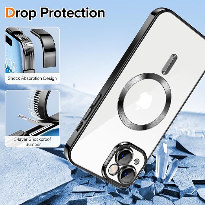 Hython Magnetic Clear for iPhone 15 Plus Case with Camera Lens Protector [Compatible with MagSafe] Luxury Plating Edge Slim Soft TPU Cover Protective Phone Case for iPhone 15 Plus 6.7", Black