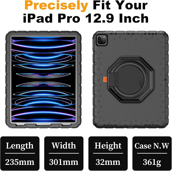 for iPad Pro 12.9 Case 6th/5th/4th/3rd Generation with 360° Rotating Stand & Pencil Holder, Heavy Duty Cute Cover for iPad Pro 12.9 inch 2022/2021/2020/2018, Black