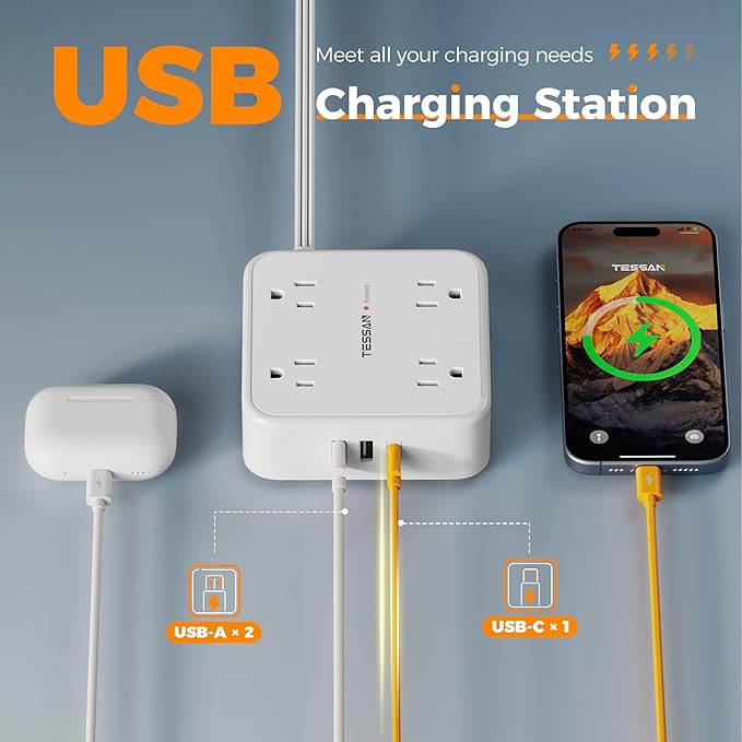 TESSAN Surge Protector Power Strip, 15 Ft Flat Plug Extension Cord with 3 USB (1 USB C) 8 Outlets, 1250W, 900J Protection, 3 Sided Outlet Extender with Power Switch for Office, Dorm Room, White