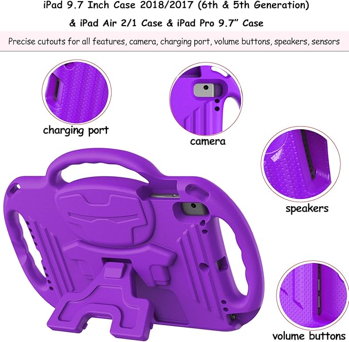 LTROP Kids Case for iPad 5th/6th Generation (2017/2018) & Air 2, Shoulder Strap Handle Stand Shockproof Bumper Cute Kid Case for iPad 9.7 Inch, Purple