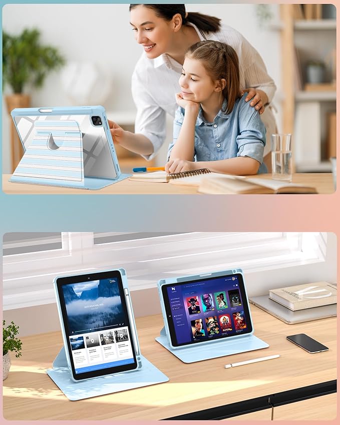 Uppuppy for iPad Air 11 inch Case(Air M4 2026, 8th Gen/M3 2025/M2)/Air 5th/4th Gen 10.9", for iPad Pro 11 inch Case(4th/3rd/2nd/1st Gen) - 360 Rotating Smart Folio Cover with Pencil Holder, BW Stripe