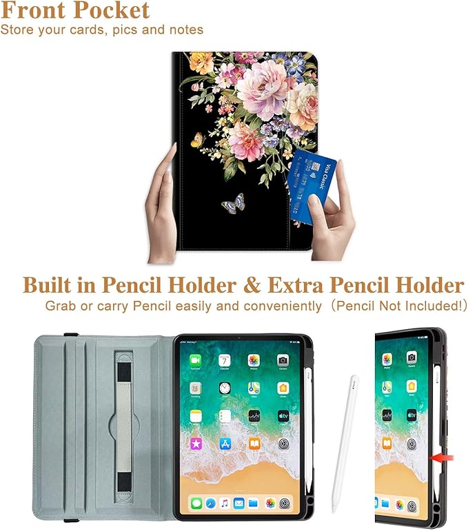 Vimorco for iPad Air M4/M3/M2 11 Inch Case 2026,for iPad Air 5th/4th Gen Cases 10.9-inch,for iPad Pro 11 Inch Case 4th/3rd/2nd/1st Generation 360 Degree Rotating Pencil Holder 4 Viewing Angles, Flower