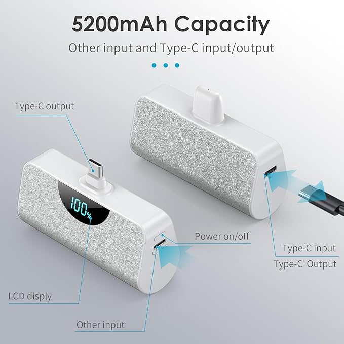 [2-Pack]Portable Charger for iPhone 17/16/15,5200mAh PD USB C Power Bank Built-in USB-C Connector,Battery Pack Compatible with iPhone 17/17 Pro/17 Pro Max/16/15 Series,Android-Graphite Black+White