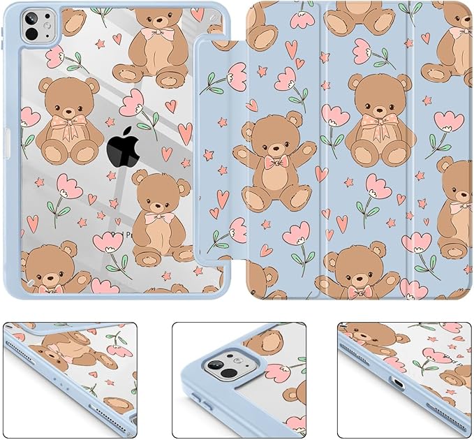 May Chen Case for iPad Pro 11-Inch M5/M4 2025/2024 (6th/5th Generation), [Penceil Holder] Trifold Stand Auto Wake/Sleep Clear TPU Protection Back Cover, Cute Teddy Bear