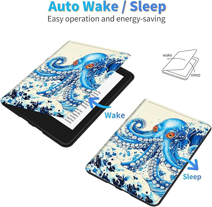 for Amazon Kindle Fire 7 (12th Generation, 2022 Release) 7" Tablet Case, Slim Kickstand Stand Leather Smart Cover with Auto Wake/Sleep, Blue Octopus
