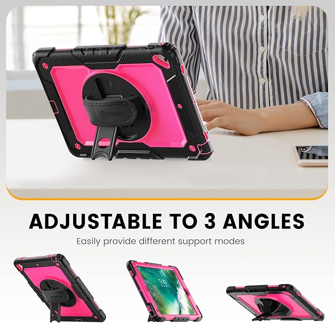 Timecity Case for iPad Air2/ for iPad 6th/5th Generation 2018 2017, for iPad Pro 9.7 Case, with Screen Protector Pencil Holder Rotating Stand/Strap Full-Body Silicone+PC Protective Case- Rose