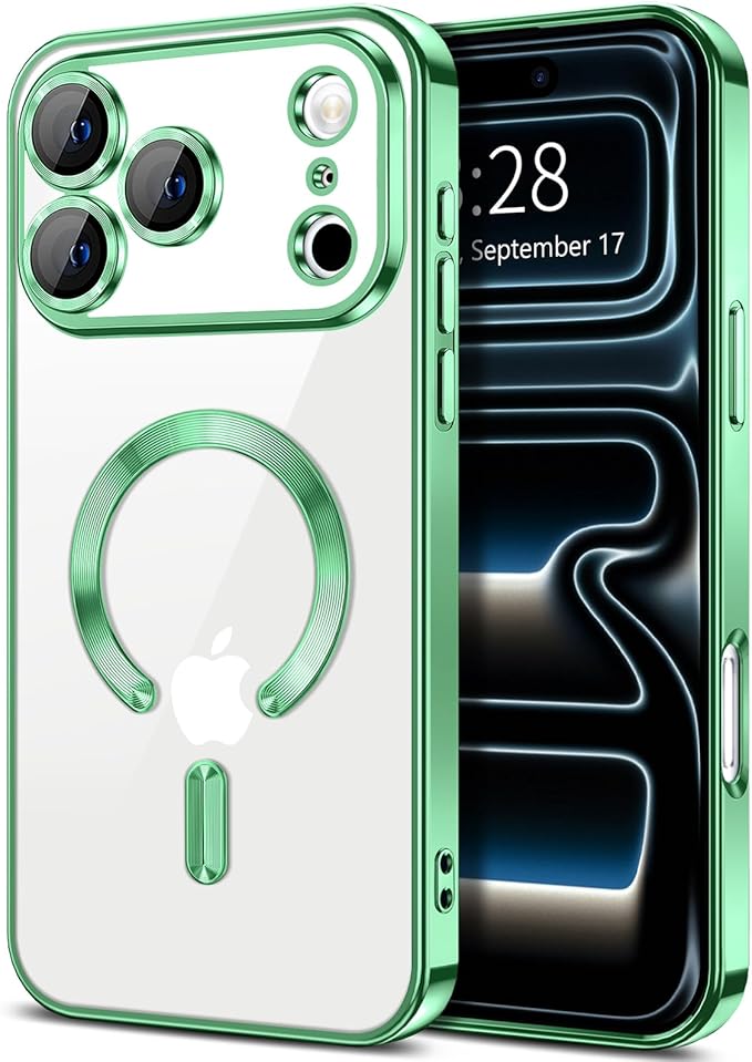Hython Magnetic Clear for iPhone 17 Pro Case with Camera Lens Protector [Compatible with MagSafe] Luxury Plating Edge Slim Soft TPU Cover Protective Phone Case for iPhone 17 Pro 6.3", Light Green