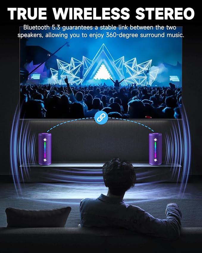 OHAYO Bluetooth Speaker, Portable Wireless, IPX7 Waterproof, Powerful 25W Sound, 24H Playtime, Dual Pairing, Active Bass, Colorful Lights, Bluetooth 5.3, Outdoor Speakers for Home/Party/Beach, Purple