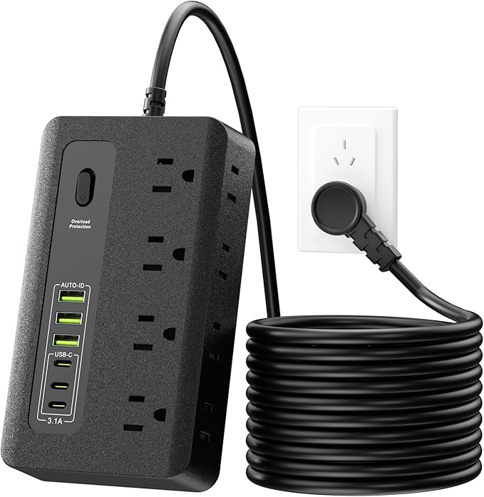 Power Strip with USB, HITRENDS 6 Ft Surge Protector Flat Plug Extension Cord with 8 Outlets 3 USB Ports & 3 Type-C Port (5V/3A), Outlet Extender for Home Office,Black