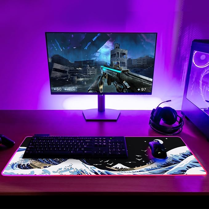 Gaming Laptop Mouse Pad,Sea Wave Big Mice Pads PC Keyboard Waterproof and Non-Slip 31.5 x 11.9 0.12" Thick XL,XXL Rubber Table Mat, RGB Led with 10 Lighting Modes+9 Color Changing Modes Mat