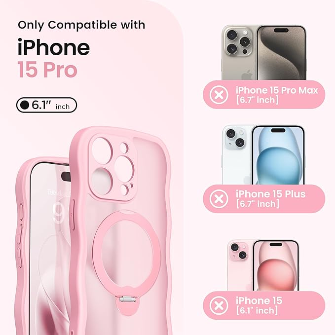 CAPRARO for iPhone 15 Pro Case with 360° Spin Magnetic Stand for Women, [Compatible with MagSafe] [Full Camera Protection] Cute Wave Translucent Matte Case for iPhone 15 Pro, Peach Pink