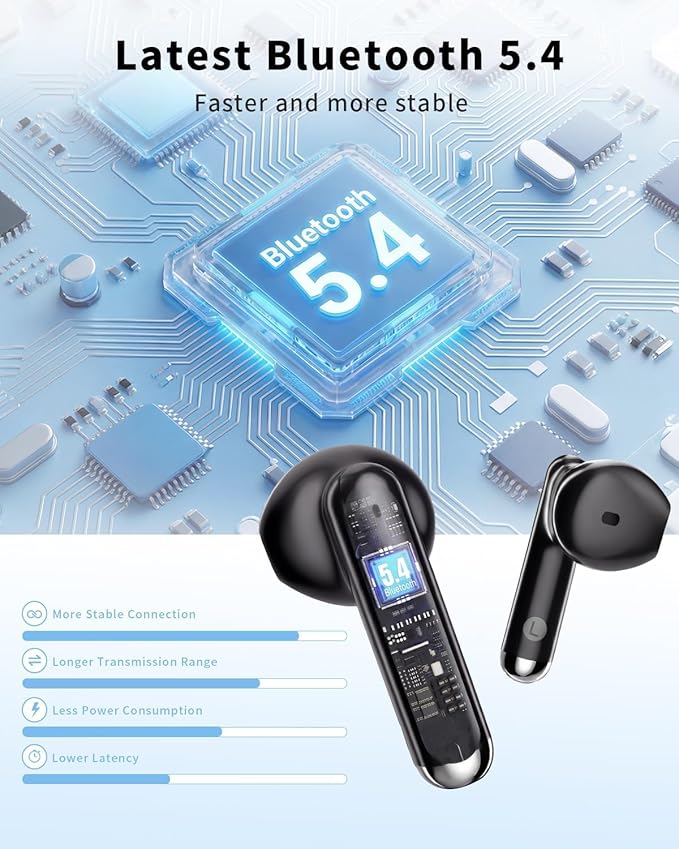 XIAOWTEK Wireless Earbuds, 2026 Bluetooth 5.4 Headphones Bass Stereo Ear Buds with Noise Cancelling Mic, LED Display in Ear Earphones 50H Playtime Ear Buds, IP7 Waterproof for Laptop Pad Phones Black