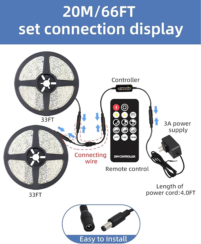 66ft LED Strip Lights with Remote, 6500K Daylight White Dimmable Tape Lights, 12V 1200 LEDs 2835 Strong Adhesive Rope Lights for Cabinet Kitchen Ceiling Closet Vanity Mirror Stairway Basement