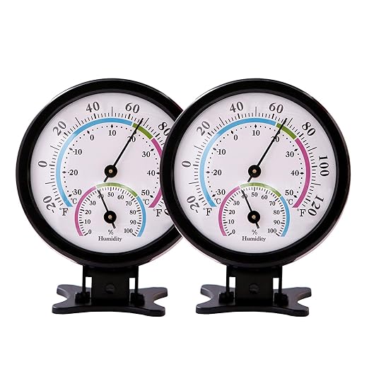 Mini Indoor Thermometer Hygrometer Analog 2 in 1 Temperature Humidity Monitor Gauge for Home, Room, Outdoor, Offices, Display Mechanical Diameter 75mm-2 Pack (No Battery Needed)-Black