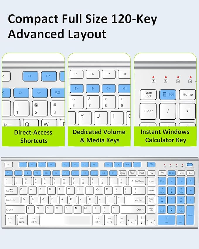 FENIFOX Wireless Silent Keyboard, Ultra Quiet USB C Low Profile Compact Full Size with Number Pad Flat Slim Thin Soft Touch for Mac Computer MacBook iMac PC Laptop Desktop Office (White and Silver)