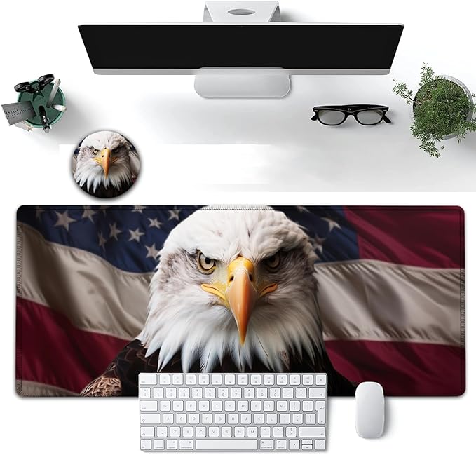 Large Mouse Pad, 31.5 x 11.8in Extended Gaming Mouse Pad with Stitched Edges, XXL Mousepad Protector Non Slip Rubber Base for Office and Home Writing Mat, American Bald Eagle Pattern Black Desk Mat