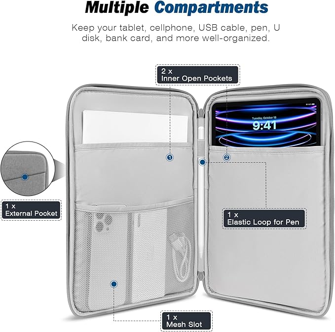MoKo 13 Inch Tablet Sleeve Bag, Compatible with New 13 Inch iPad Pro M5 & Air M4/M3, iPad Pro 12.9 inch M2&M1, Galaxy Tab S8+/S9+ 12.4", Waterproof Bag Carrying Case with Pocket, Light Gray