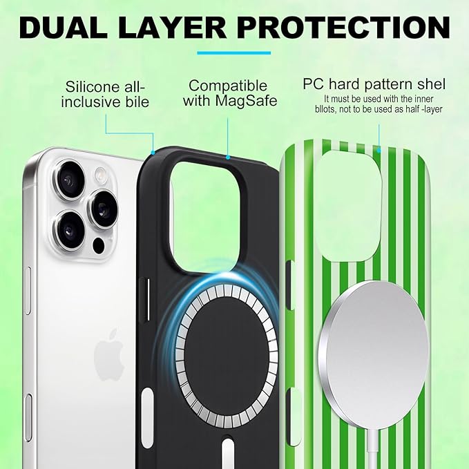 Magnetic for iPhone 17 Case Cute Stripes Phone Case, Shockproof Slim TPU and Hard PC Protective Phone Cover Compatible with MagSafe Designed for Women Girls, Deep Green