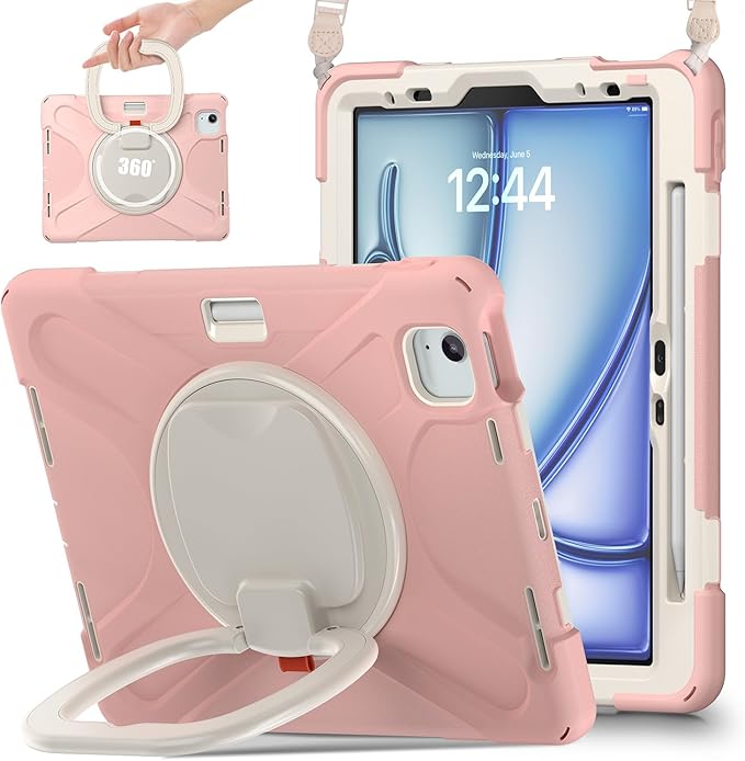 SCSVPN Kids Case for iPad Air 11 Inch M4/M3/M2 (2026/2025/2024), iPad Air 10.9'' 5th/4th Gen 2022/2020, iPad Pro 11 4th/3rd/2nd/1st Gen, Protective Cover with Pen Holder, Stand, Shoulder Strap, Pink