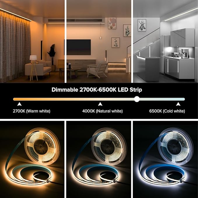BTF-LIGHTING FCOB CCT COB LED Strip Tunable 2700K-6500K DC24V 16.4FT 640LED/m CRI 90+ Flexible High Density Dimmable LED Light Black PCB for Bedroom Indoor Decor(No Adapter or Controller)