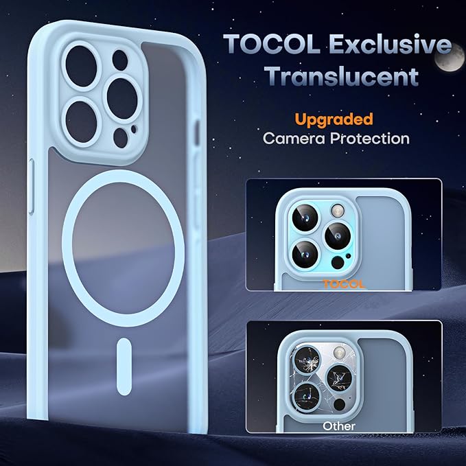 TOCOL Magnetic for iPhone 13 Pro Case Upgraded Full Camera Protection Compatible with Magsafe Drop Protection Translucent Matte Back Bumper Phone Cover 6.1-Inch（Light Blue）