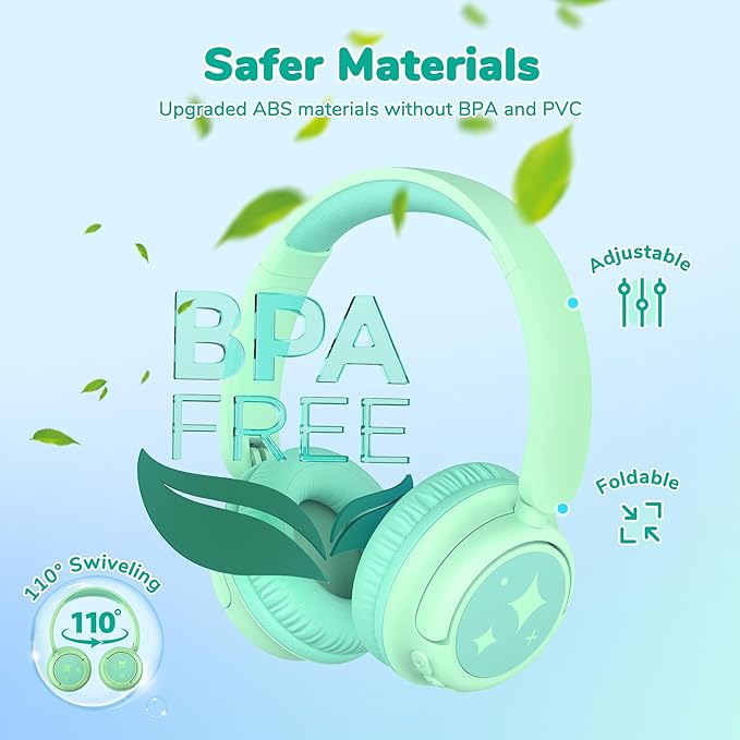 iClever BTH22 Kids Bluetooth Headphones, 60H Play Time, 74/85 dBA Safe Volume, Bluetooth 5.4, USB C, Over Ear Kids Headphones Wireless with Mic AUX Cord for iPad/Tablet/Travel/School, Light Green