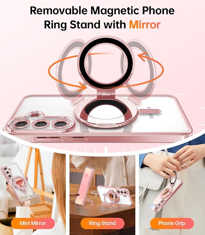 Meifgino Magnetic Case with Removable Phone Ring Stand for Samsung Galaxy S25 Plus, [Glitter Card & Wrist Strap] [MagSafe Compatible] [Built in Mirror] Phone Ring Stand + Phone Case Kit, Rose Gold