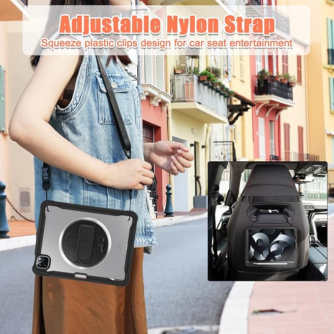 Batianda Case for iPad Pro 11-inch 2022 4th M2 Chip /2021 (3rd Generation) Heavy Duty Rugged Shockproof Tablet Cover with 360° Rotating Hand Strap Foldable Hidden Stand & Shoulder Strap, Black