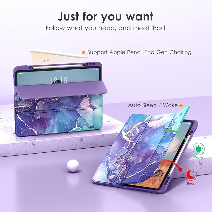 VIKESI Case for iPad Pro 12.9 6th/5th/4th/3rd Generation 2022/2021/2020/2018,TPU Shockproof Frame,Built-in Pencil Holder,Auto Sleep/Wake - Royal Marble