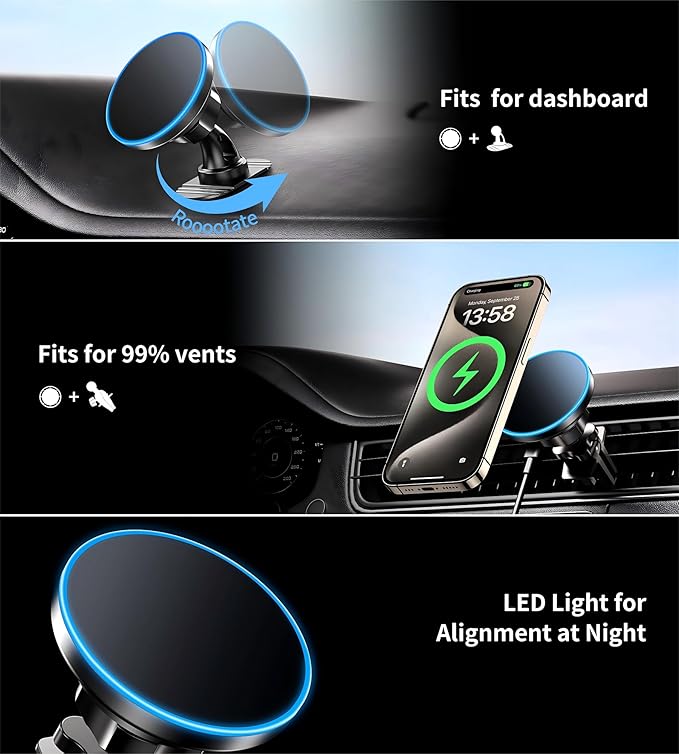BHHB for iPhone 17 Magsafe Car Mount Charger, [2026 New] 15W 2in1 Magnetic Wireless Car Charger, fits for Magsafe Car Charger, Vent/Dashboard Phone Holder Mount for iPhone 17 16 15 14 13 12 Series