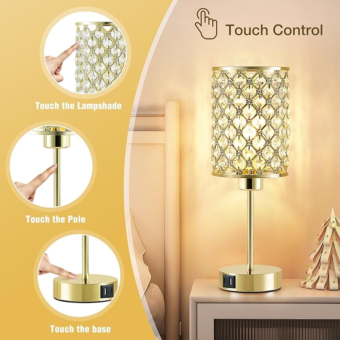 GyroVu Crystal Table Lamp, Gold Touch Lamp for Nightstand with USB C+A Ports, Dimmable Lamp with Crystal Shade, Bedside Lamp Small Lamp for Bedroom, Living Room(Buld Included)