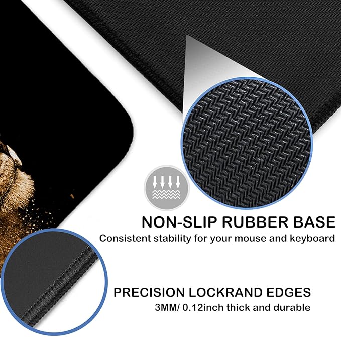 Large Gaming Mouse Pad 31.5"x15.7"｜ Golden Lion-Themed XXL Keyboard Pad, Mouse Mat, Desk Pad, Non-Slip Rubber Base & Stitched Edges Desk Mat- Big Extended Mousepad for PC/Laptop/Office/Home Decor
