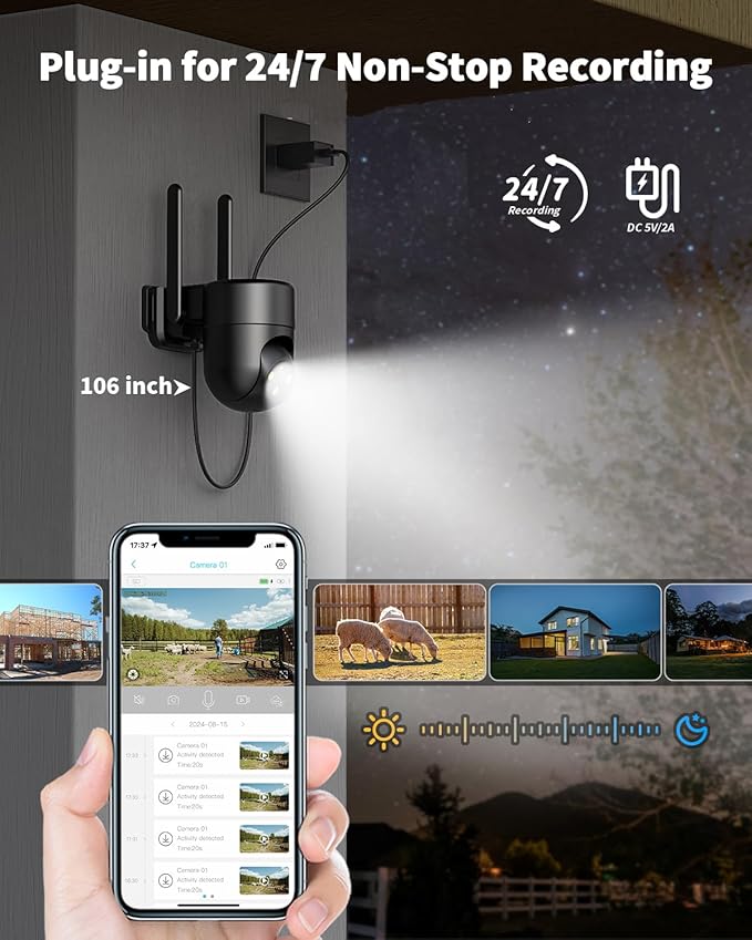 LIWAN 4G LTE Cellular Security Camera Wired, No WiFi Security Camera Outdoor, Plug-in for 24/7 Recording, 360° View, 2K Color Night Vision, 2-Way Talk, Built-in SIM Card, Black, 1 Pack