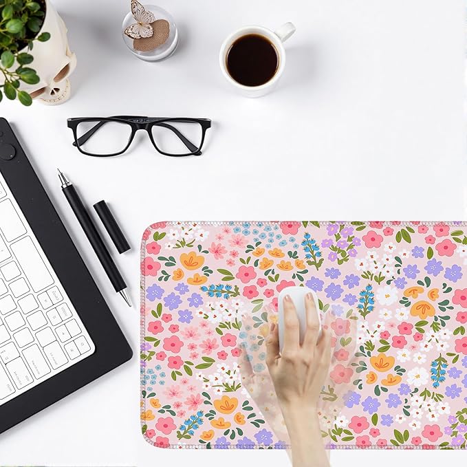 Pink Floral Mouse Pad XXL Large Desk Mat Computer PC Laptop Protector Gaming Mouse Pads Aesthetic Desk Decor for Women Girl