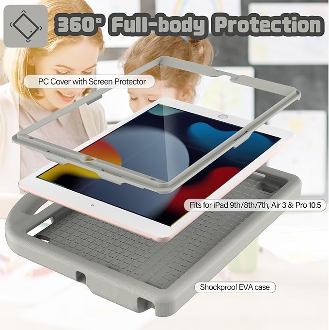 YIHE Kids Case for iPad 9th/8th/7th Generation, iPad Pro 10.5 & Air 3, Shockproof Protective Cover with Handle Stand & Screen Protector for 10.2/10.5 Inch iPads, Light Gray