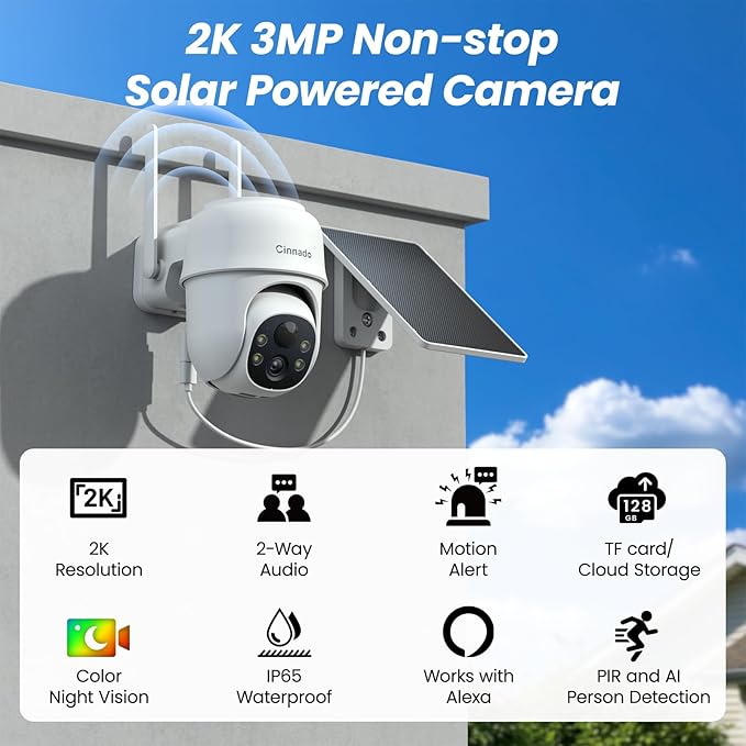 Cinnado 2K Cameras for Home Security-2.4G WiFi Outdoor Camera Wireless Solar/Battery Powered, 360° Viewing, Human Detection, Color Night Vision, Cloud/SD Storage B6 (B6-White-3pack-2.4G)
