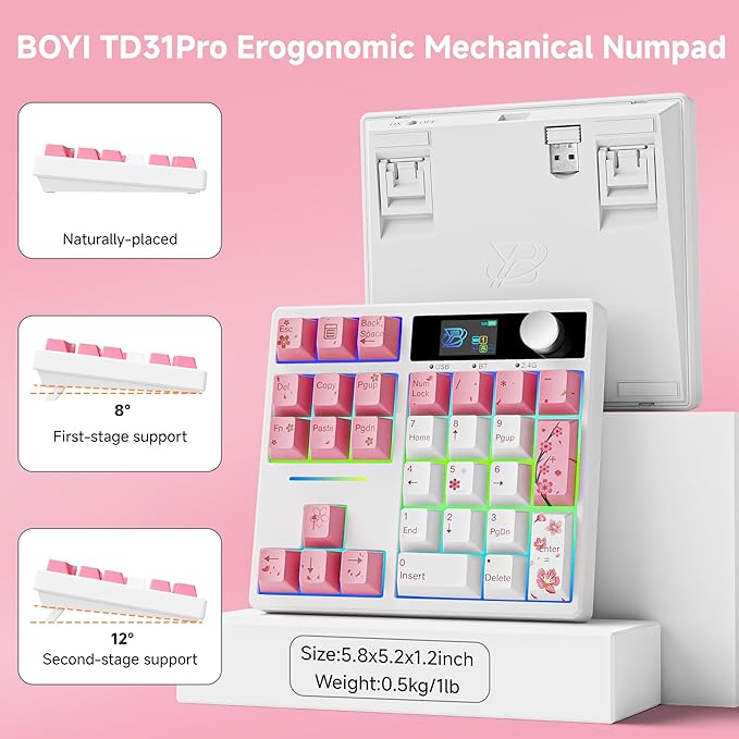 BOYI TD31Pro Gaming Keypad,BT5.0/2.4G/Type-C Wireless Numeric Keypad,RGB HotSwap Numpad Mechanical Number Pad,Gasket Number keypad Shortcut Keyboard(Romatic Cherry Blossom Keycaps)