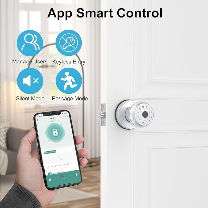 BIWIBON 4-in-1 Smart Door Knob, Fingerprint Door Knob with App Control, Smart Fingerprint Door Lock with Keypad, Real Privacy Mode, Auto Lock, Ideal for Home, Bedroom, Garages &Office, Silver,1 Pack