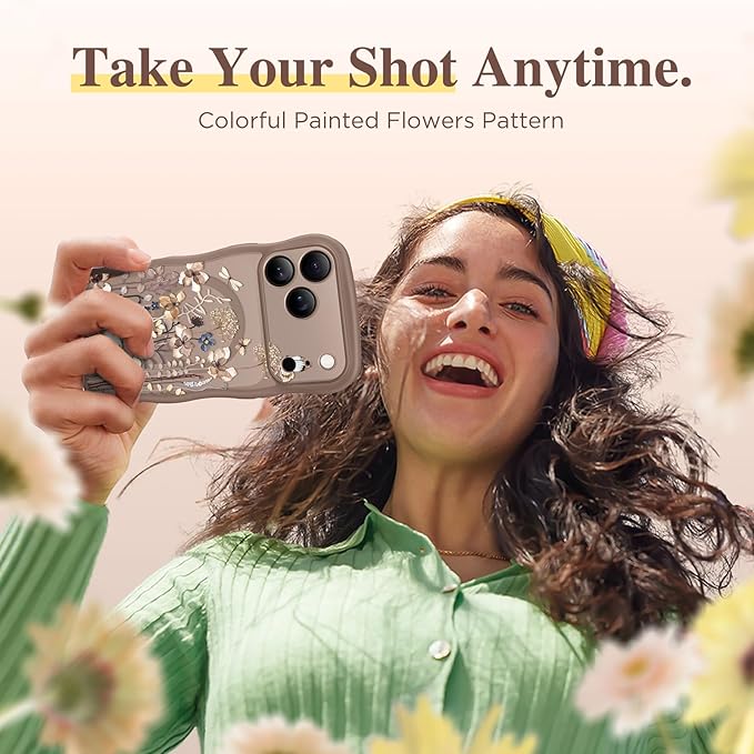 GVIEWIN for iPhone 17 Pro Case Compatible with MagSafe [Curly Wave Edge][Full Camera Protection] Floral Translucent Shockproof Magnetic Women Phone Case for iPhone 17 Pro 6.3'', Autumnflit/Brown