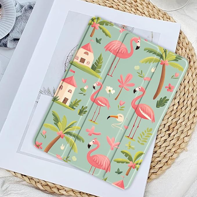 JOYLAND Forest Flamingo Case for iPad 7th/8th/9th Generation, Girly Clear Acrylic Hard Back Green Case with Pencil Holder Trifold Stand Tablet Cover for iPad 10.2" 2019/2020/2021