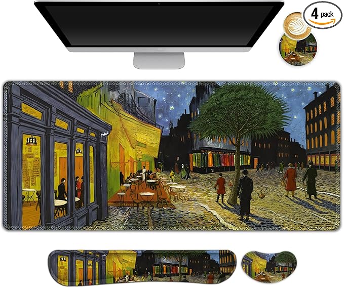 Large Gaming Mouse Pad Set, 4 in 1 Ergonomics Keyboard Desk Mat Memory Foam Wrist Rest, Computer PC Extended Game Mousepad, Non-Slip Desk Matt Easy Typing Pain Relief I Terrace of the Cafe