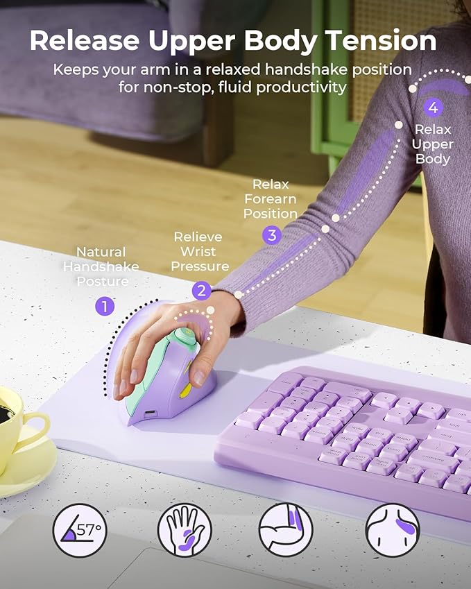 seenda Ergonomic Mouse Wireless, MOU-302 Bluetooth Vertical Mouse Rechargeable, Volume Knob, Silent Mice & 1000/1600/2400 DPI, 3 Multi-Device Connection for Windows/PC/Laptop/Mac/MacBook, Purple