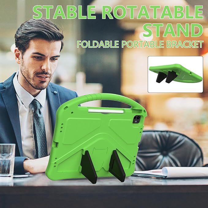 Kids Case for iPad Air 13 inch M4/M3/M2 (2026/2025/2024) with Pencil Holder/Shockproof Handle/Kickstand/Slim Lightweight Soft EVA Foam Folio Stand Tablet Protective Girls Boys Cover, Green