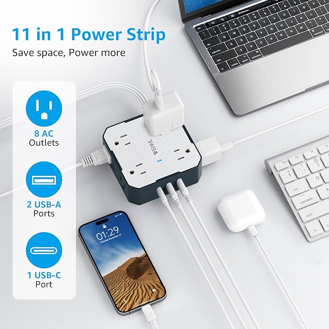 Surge Protector Power Strip, 5 Ft Flat Plug Extension Cord with 3 USB Charger(1 USB C Port) and 8AC Outlets, Wall Mountable Multi Plug Outlet Extender for Home Office