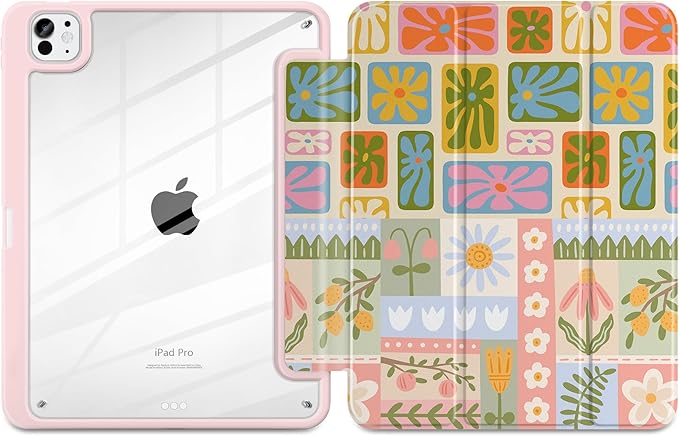 Case for iPad Pro 11 inch (M5) 2025 (M4) 2024 Release Slim Lightweight Cute Light Pink Cover with Clear Back TPU Edge Pencil Holder Trifold Stand, Flower Patchwork