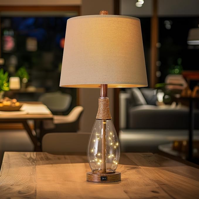 OYEARS 23" USB A+C Table Lamps for Bedroom Living Room Modern Bedside Lamps Retro Farmhouse Rattan Glass Nightstand Nightlight Lamps,Two Light Points