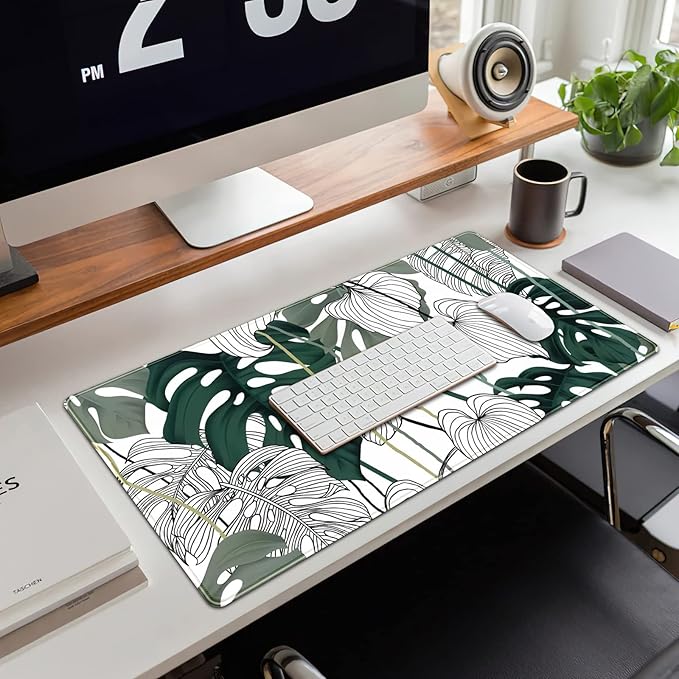 Desk Mat Green Plant Leaf Large Mouse Pad Desk Pad Tropical Boho Desk Accessories for Women Office Decor Laptop Keyboard Mouse Mat XXL Mousepad 31.5''X15.7'' Non-Slip Rubber Base with Stitched Edges