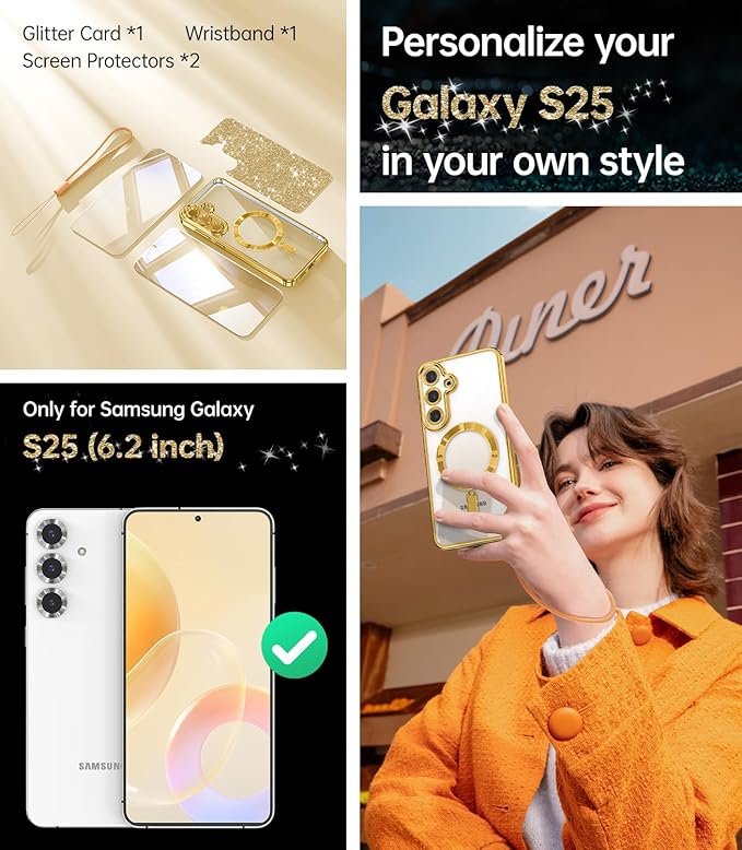 Meifigno Case Designed for Samsung Galaxy S25 6.2 inch, [Compatible with MagSafe] [2X HD Screen Protectors] [Glitter Card & Wrist Strap] Surround Lens Protection Case for Samsung Galaxy S25, Gold