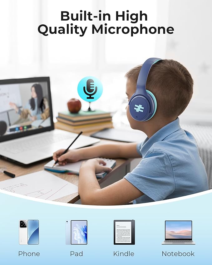 seenda Active Noise Cancelling Headphones for Kids, HEO-303 Bluetooth 5.4 60H Playtime Type C Fast Charging, 74/85/94 dB Safe Volume Limit Headset with Mic for Ipad, Airplane, Travel, Blue
